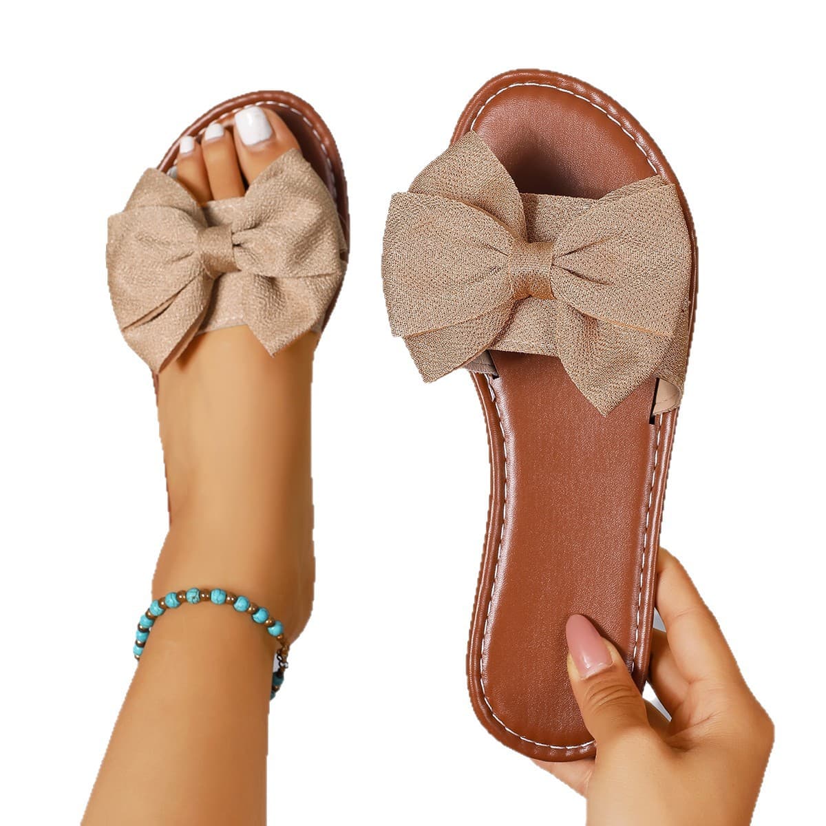 2026 New Style Plus Size Bow Flat Slippers for Women Outdoor Sandals Round Toe One-Strap Slippers Women 35-44