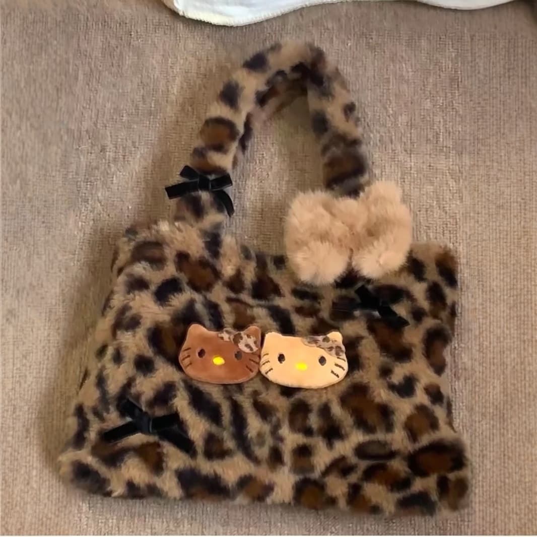 2025 New Cute Hand-Carry Hot Girl Leopard Print Handbag Going Out Bag Retro Plush Commuter Bag Cat Bag