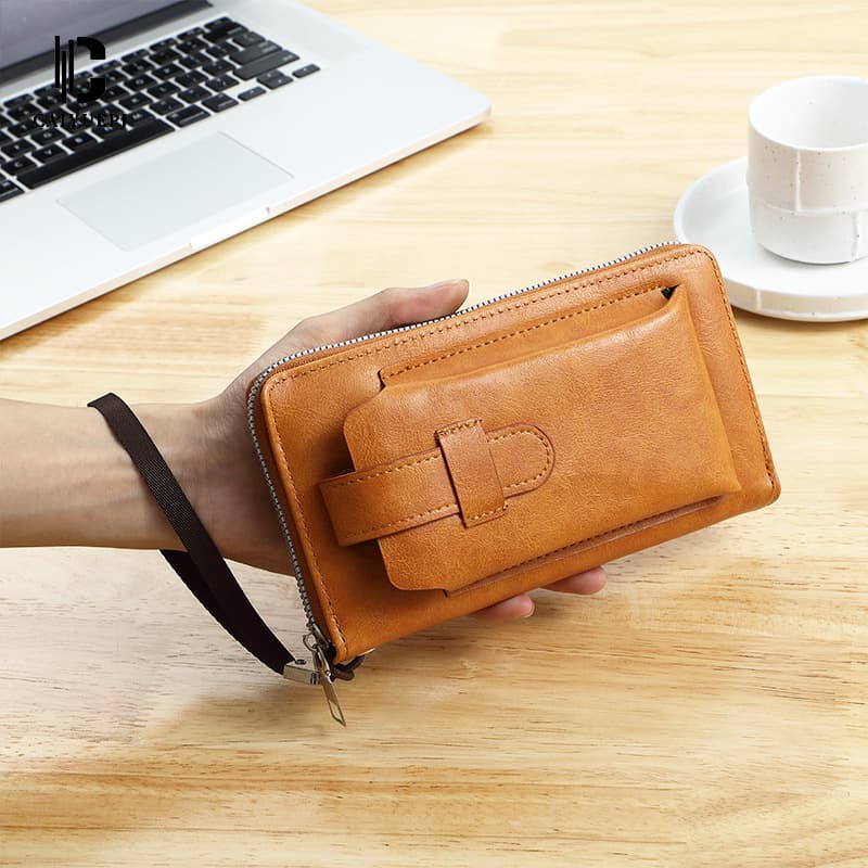 New Men's Clutch Coin Purse High-End Solid Color Zipper Wallet Mobile Phone Bag Genuine Leather Wholesale