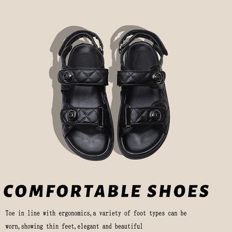2024 Xiaoxiang Velcro Genuine Leather Thick-Soled Sandals for Women, Open-Toe Beach Shoes, Fashionable Roman Shoes, Comfortable Flat Shoes