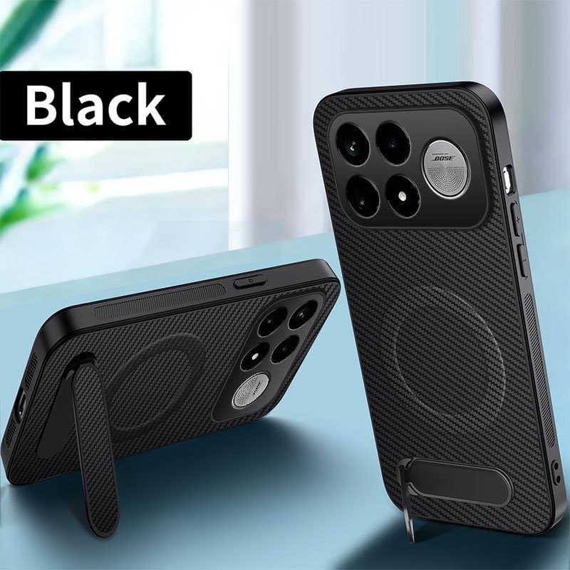 Compatible with Redmi K100ProMax, Carbon Fiber Leather Texture Kickstand Style, Full Lens Coverage, MagSafe Magnetic Protection