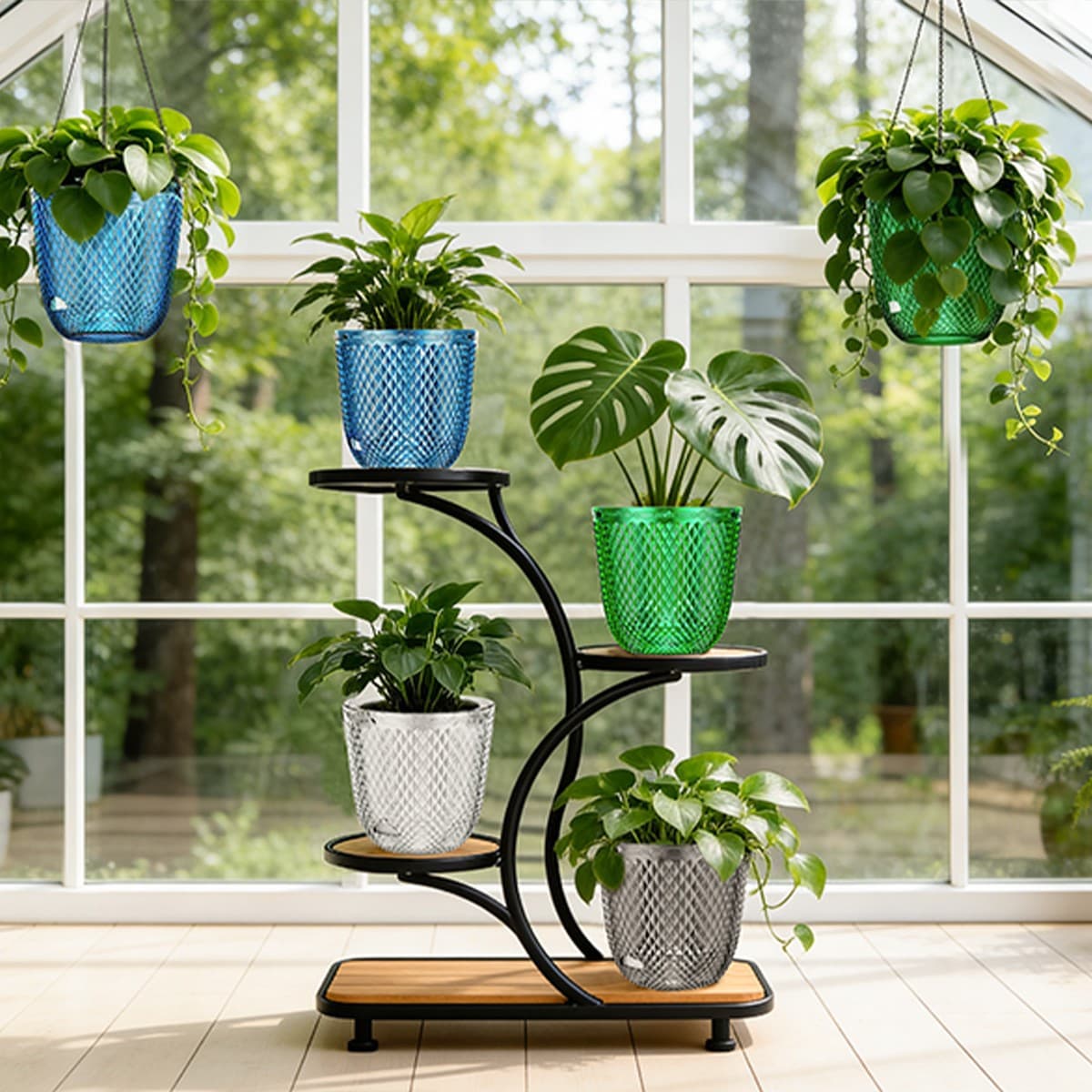 Cross-border new self-absorbing plaid plastic flower pot wall hanging with iron chain potted green plant hydroponic lazy flower pot 2pc