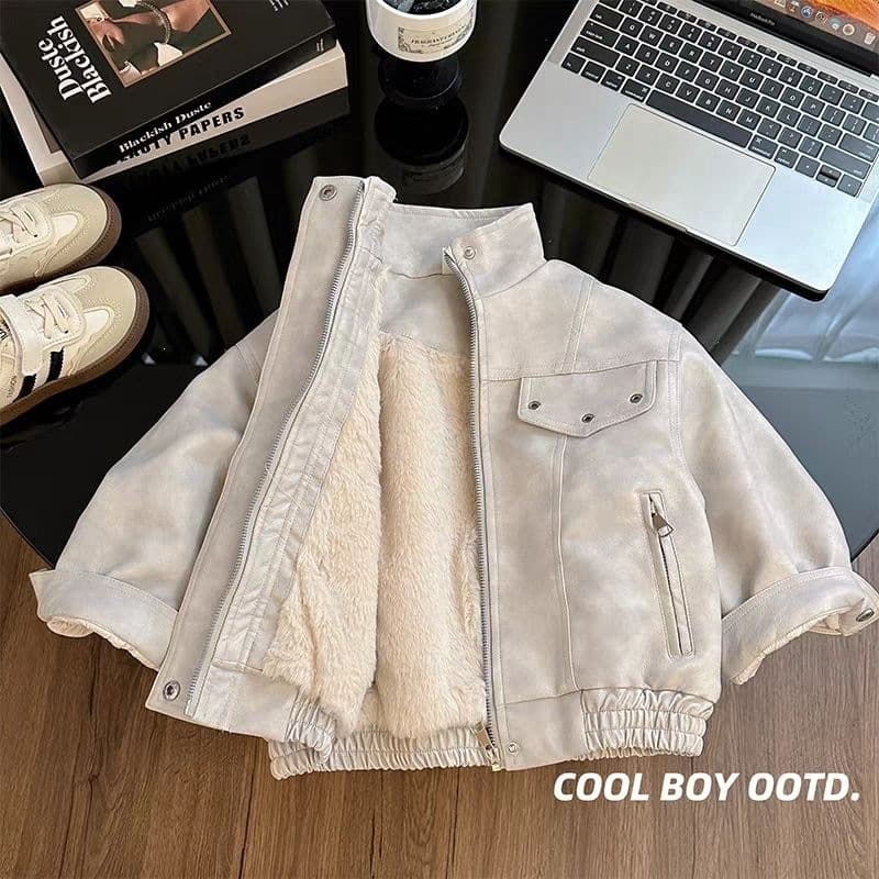 Boys leather jacket winter 2026 new handsome little boy velvet motorcycle jacket children's warm jacket