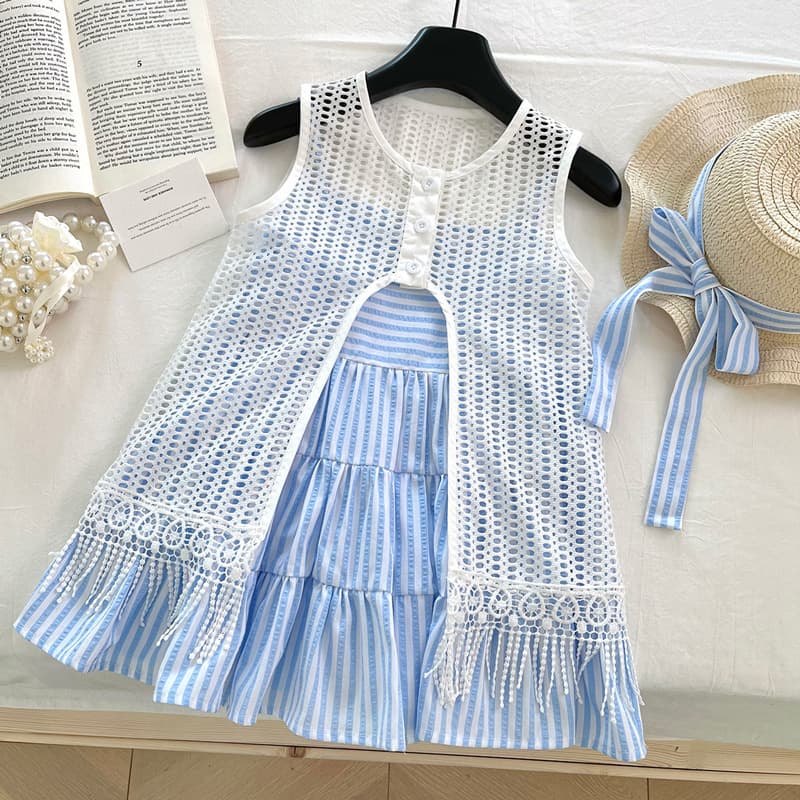 Girls Dress Set Summer 2026 New Trendy Children's Hollow Blouse Skirt Girls Striped Skirt Two-piece Set