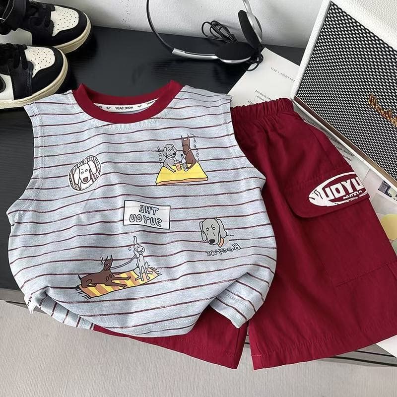 Boys summer suit 2026 new Korean style children's sleeveless card vest two-piece set baby thin clothes trendy