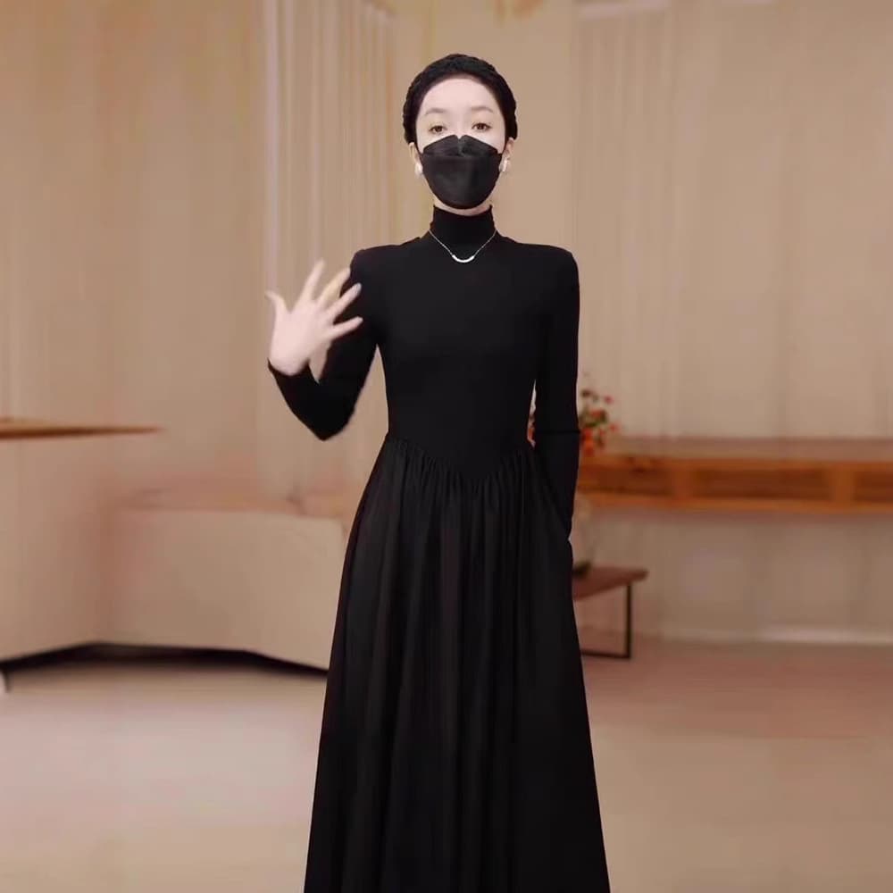 FL232131 Fall New Black Turtleneck Long Sleeve Dress Slimming Trendy French Audrey Hepburn Style Base Dress