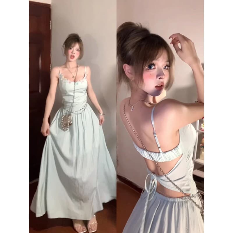 2025 new French style beautiful suspender dress for children, summer little girl, beach vacation temperament fairy long dress