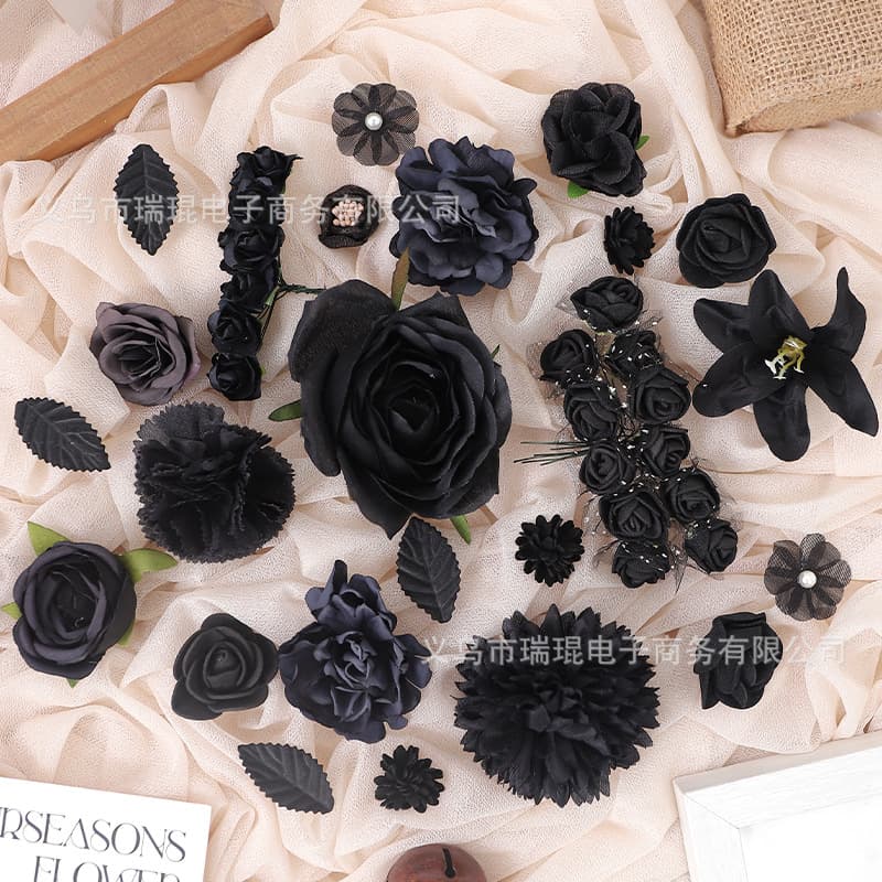 Black Series Artificial Flower DIY Materials Rose Peony Flower Heads Fake Flowers Amazon Box Decoration Floral Craft Accessories
