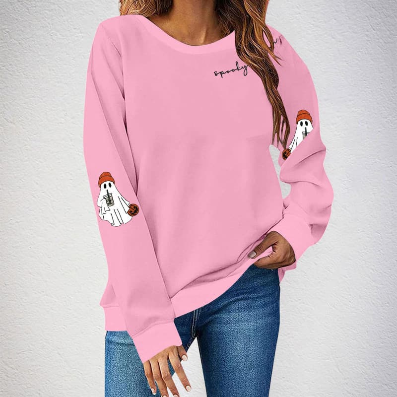European Size S-3XL Foreign Trade Amazon Halloween Ghost Print Round Neck Sweatshirt with Fleece Casual Sports Long-Sleeve Women's Top