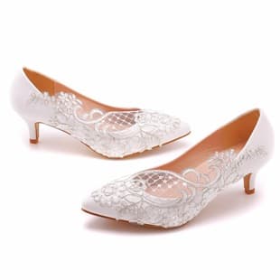 5cm Mid Heel Elegant Simple Lace Mesh Flower Wedding Shoes, Pointed Toe High Heel Bridal Wedding Dress Shoes, Spring Autumn Flats