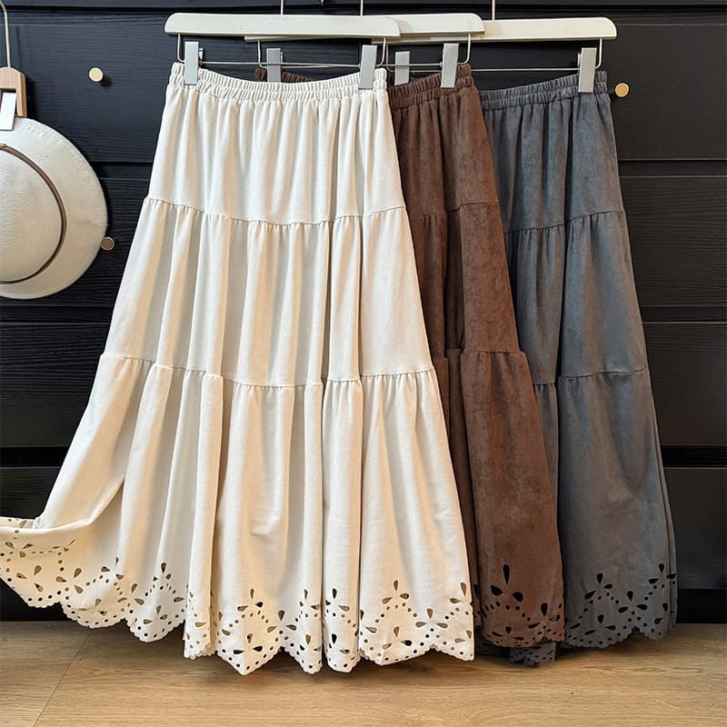 2025 Autumn French Lace Trim Hollow Crochet Loose Skirt Women High Waist A-Line Layered Tiered Cake Skirt
