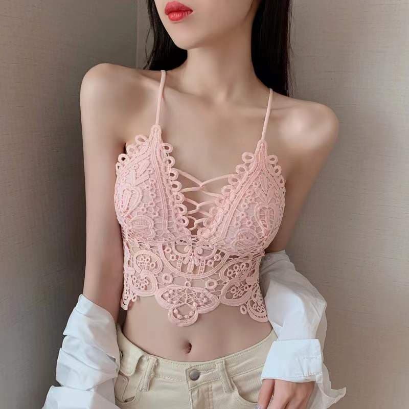 Cross-Border Cotton Hooked Lace Hollow Back Sexy Outerwear Slimming Bralette with Pads Solid Color Girl's Bra
