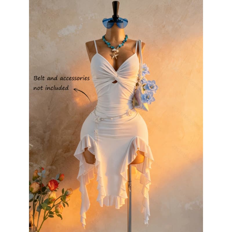 Women's new summer romantic vacation solid color mesh twisted irregular hem mid-length suspender dress