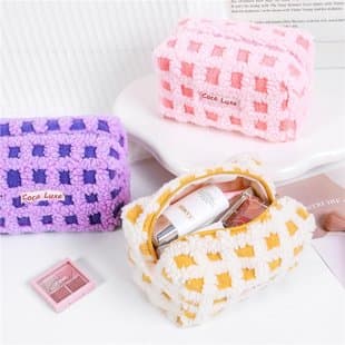 Waffle Check Plush Makeup Bag, Travel Storage Organizer, Multi-Purpose Miscellaneous Bag, Toiletry Bag, Large Capacity