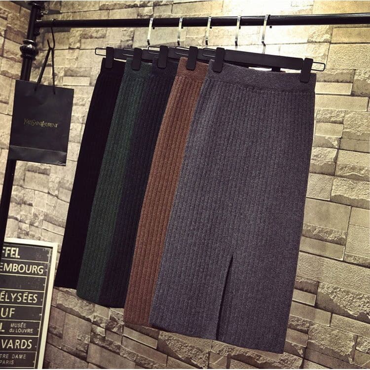 694# Spot Knitted Skirt Women's Autumn and Winter 2026 New High Waist Mid-Length Slit One-Step Hip-covering Long Skirt