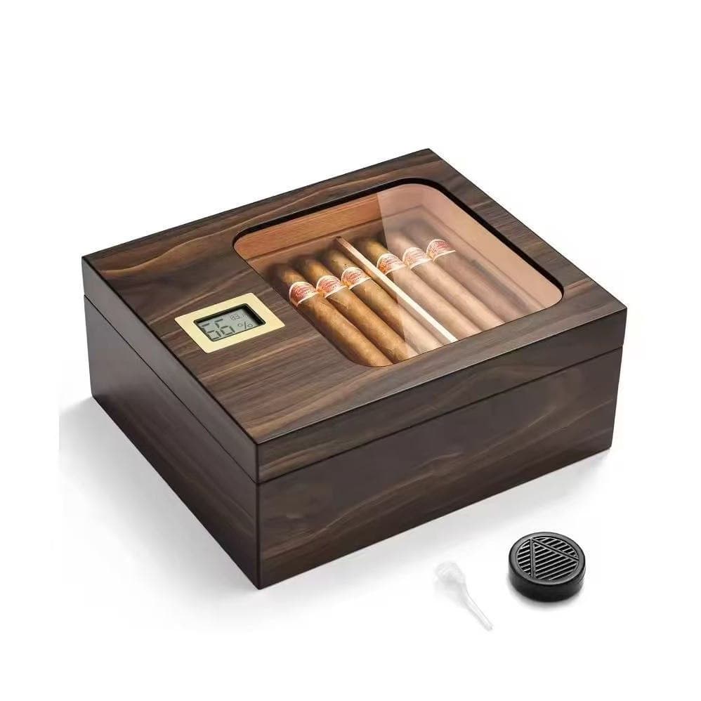 Wooden Cigar Box with Viewing Window, Cigar Humidor Storage Box with Hygrometer, Flip-Top Wooden Case for Home Cigar Collection