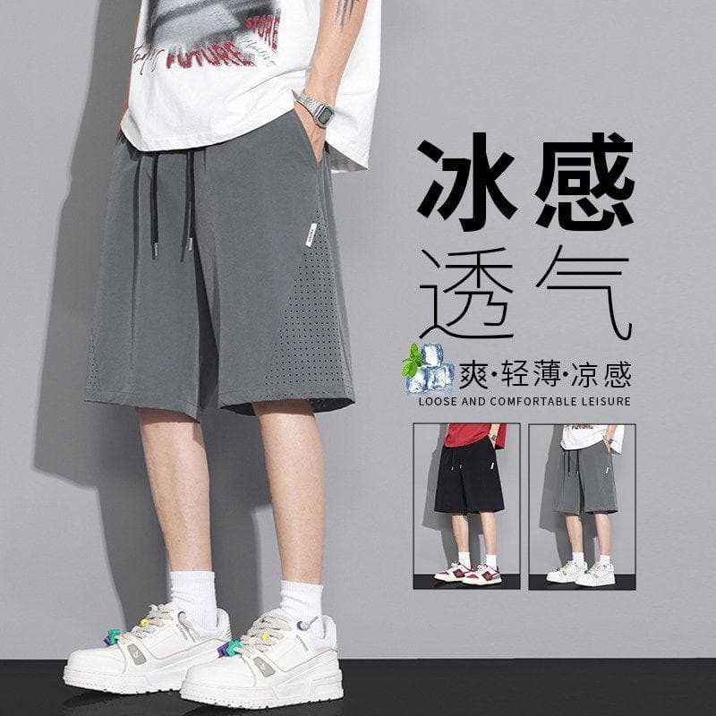 Ice Silk Shorts for Men, Summer Loose Casual Mesh Design Five-Point Pants, Cool and Breathable Basketball Sports Pants