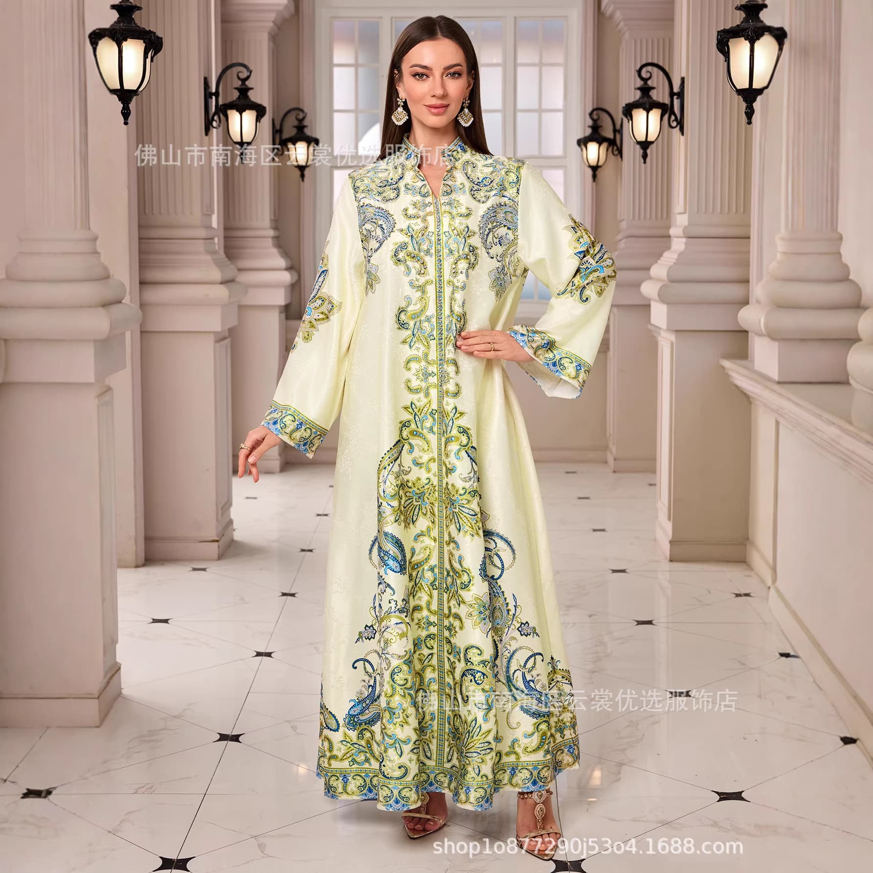 New Long Robe with Rhinestone Embroidery Ethnic Print Long Sleeve Slit V-Neck Dress