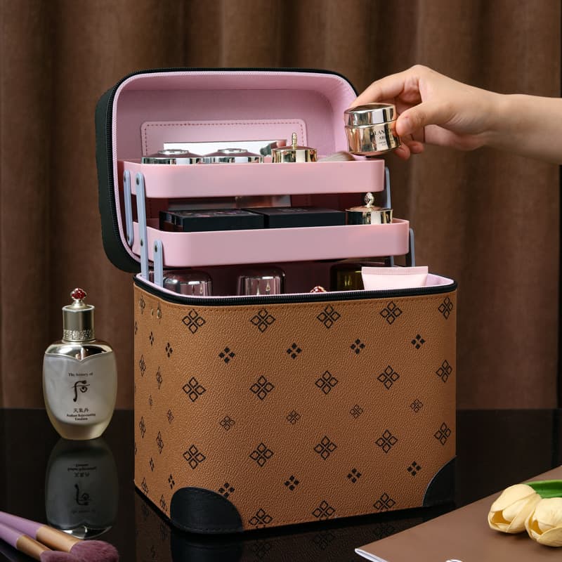 Cross-border Cosmetic Bag for Women, Multi-layer Portable Large Capacity Elegant Makeup Handbag High-grade Storage Box with Mirror
