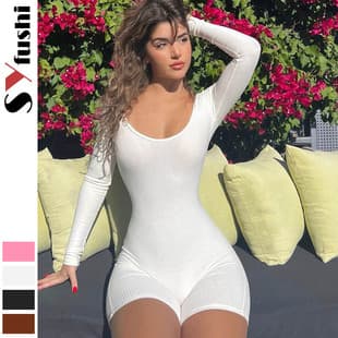 2024 Amazon High-End Fashion Women's New Solid Color Yoga Pants Ribbed One-Piece Backless Open Back Long Sleeve Shorts