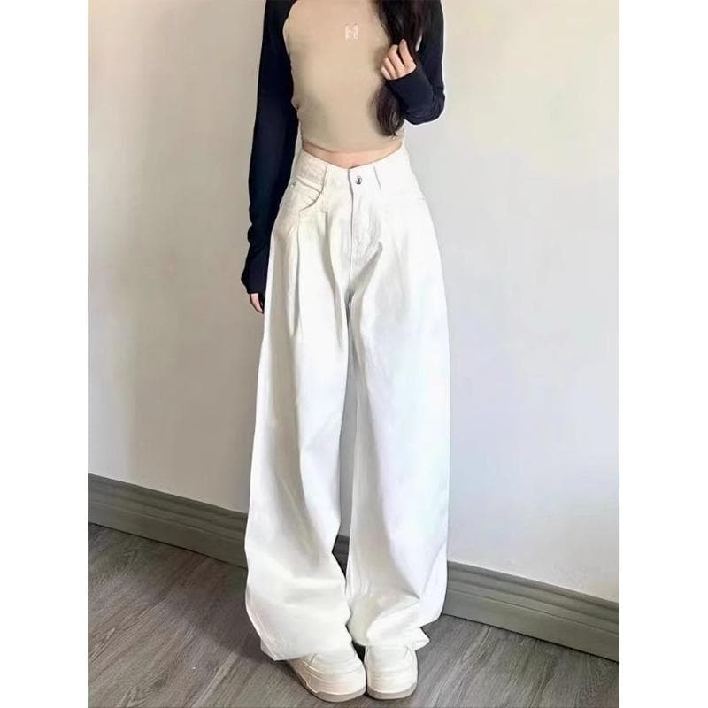High-Waist Wide-Leg Jeans for Women, New Loose Straight-Leg Versatile Plus-Size Pleated Design Commuter Floor-Length Pants
