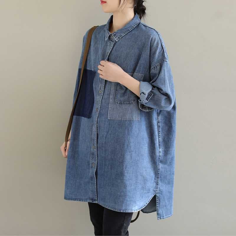 2025 Spring/Autumn New Arrival Korean Style Literary Plus Size Loose Lapel Patchwork Patch Pocket Striped Denim Shirt Women