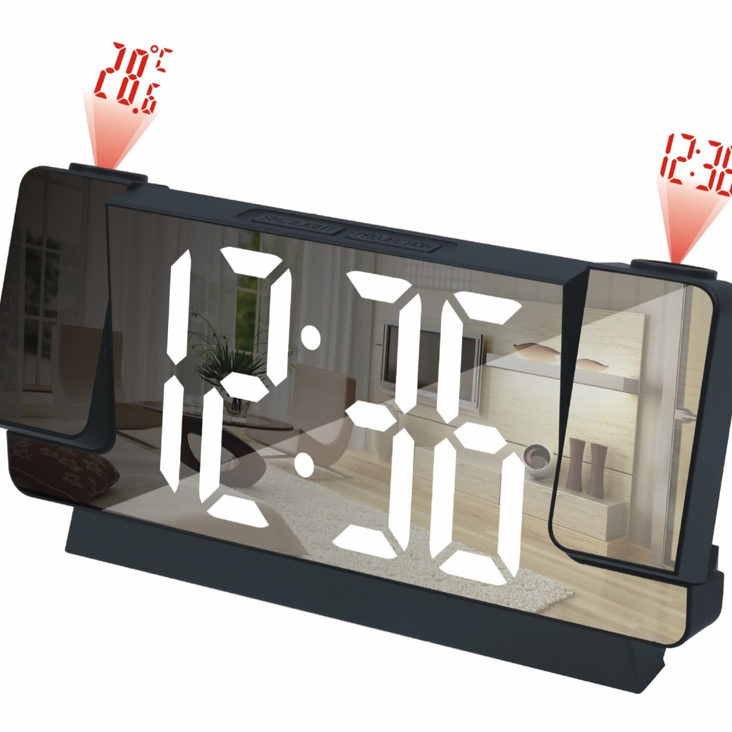 New Hot Selling Dual Projection LED Mirror Clock, Displays Time, Temperature, and Date