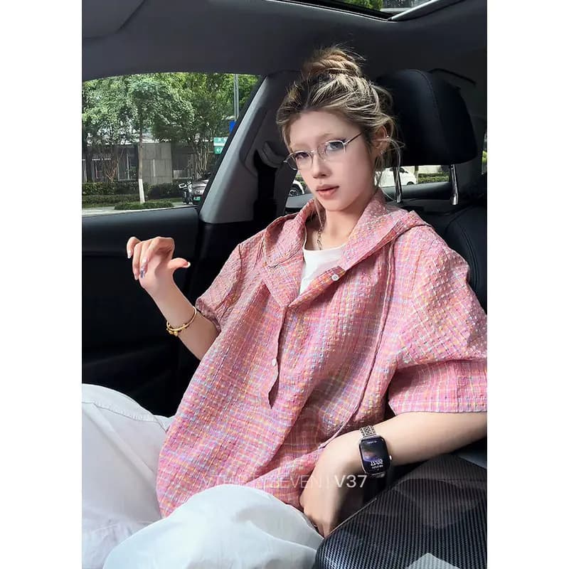 American Plaid Two-in-One Hooded Short-Sleeve Shirt for Men and Women, Summer Trendy Seersucker Half-Sleeve Loose Casual Shirt