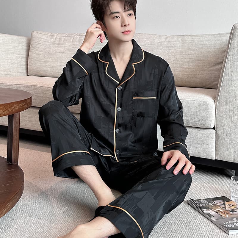 Men's Pajama Long Sleeve and Long Pants Set in Obsidian Black, Fade-Resistant, Ice Silk Comfortable Homewear, Casual and Simple Style