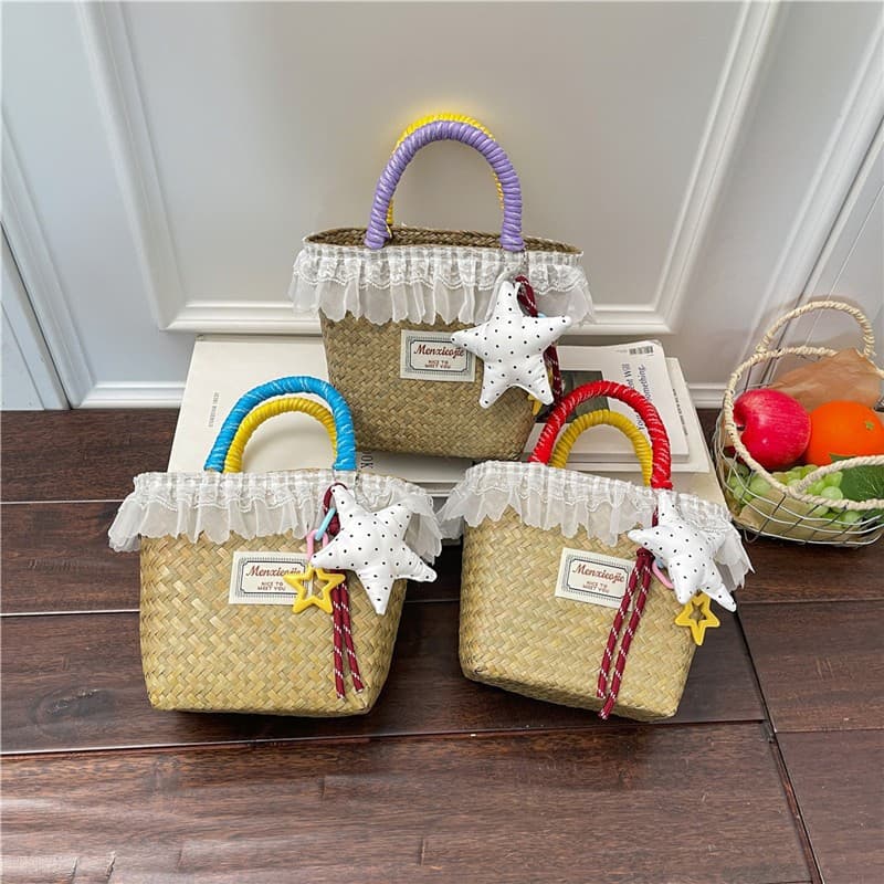 Versatile Handbag Lace Trim Woven Straw Bag for Girls Summer Photo Outfit Square Bag Vacation Bag