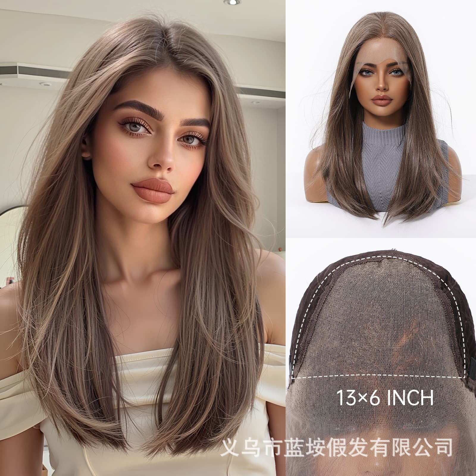 Cross-Border New Arrival Hand-Tied Lace Wig Light Brown Medium Long Straight Hair Free Parting High Temperature Resistant Synthetic Full Wig