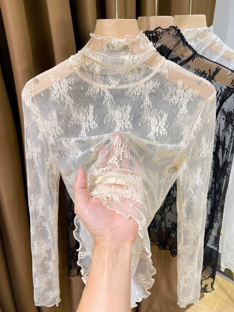 High-neck suspender dress with mesh shirt, 2024 new women's spring, autumn and winter sheer high-neck lace top