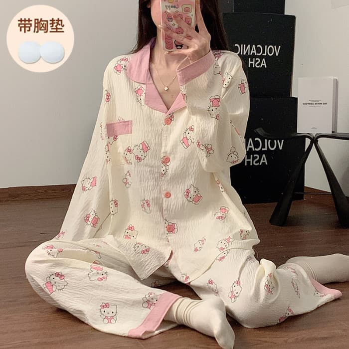 Creamy Long Sleeve Pajama Set for Women with Built-in Pads, Anti-Show-Through Cloud Cotton, Ins Princess Style Loungewear for Spring and Autumn