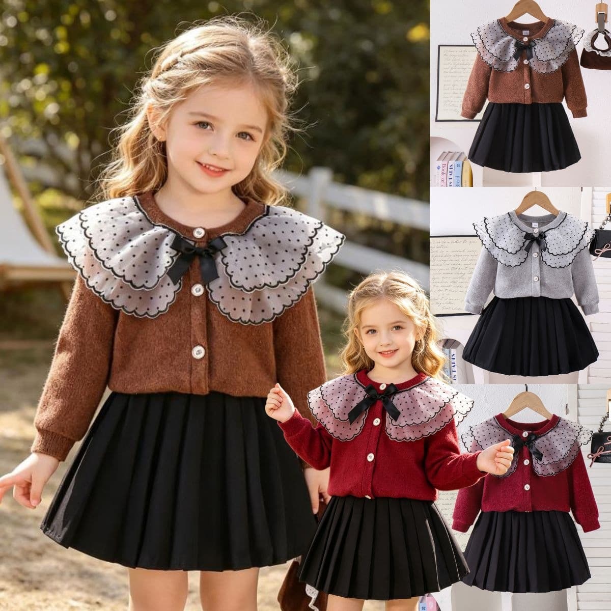 British Girl Set Pleated Skirt Two-Piece New Autumn Kids Yaya Mesh Export 26 Polka Dot Peter Pan Collar Sweater