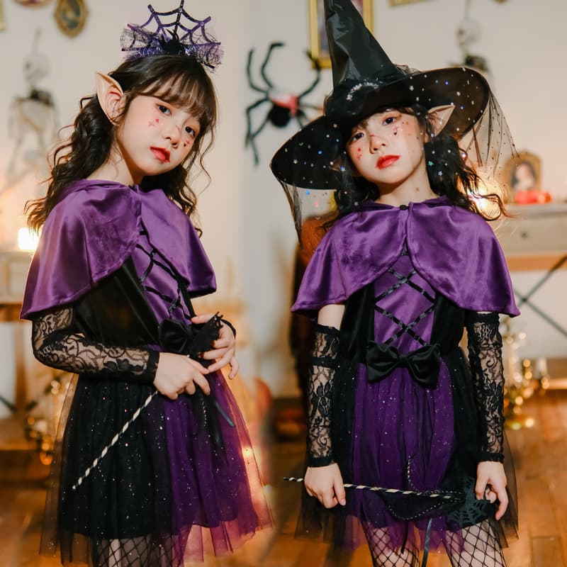 Halloween Children's Costume Purple Witch Dress Cape Cloak Vampire Girl Performance Costume