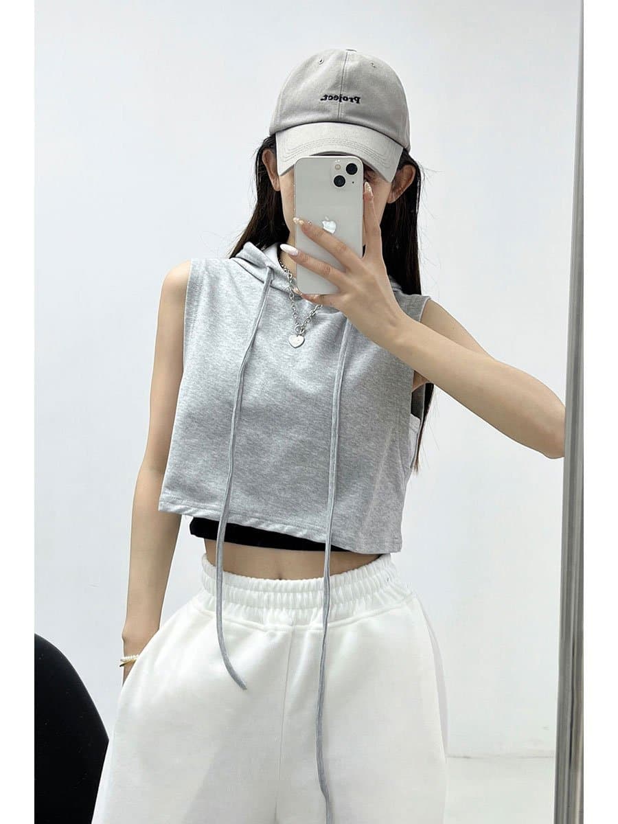 Hoodie Top Ins Style Small Vest Waistcoat Inner Layer Retro Summer Sporty Girl Short Vest Drawstring Hooded