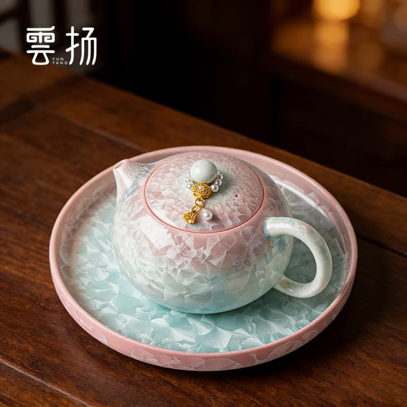 Crystal Glaze Powder Green Gradient Women's Xishi Teapot Kung Fu Tea Set with Filter, High Aesthetic Value Teapot for Brewing Tea