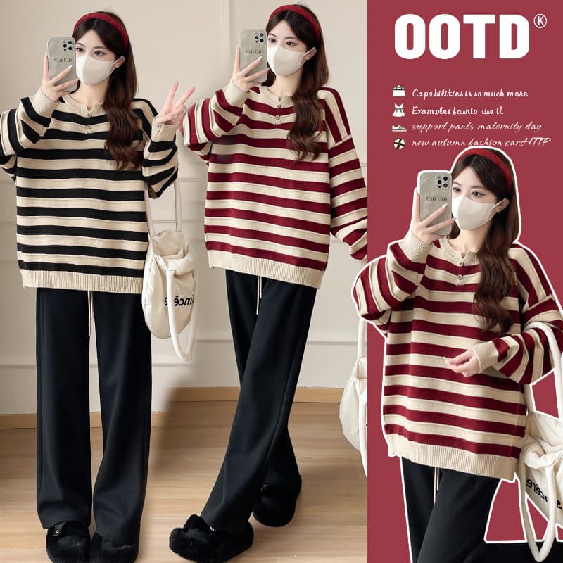 Maternity Wear Autumn/Winter Sweater Trendy Mom New Style Korean Version Thickened Stripes Youthful Versatile Loose Knit Top