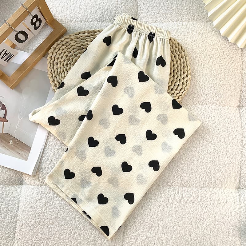 Women's Summer Bubble Cotton Pajama Pants, Thin Style, Casual Heart Pattern, Plus Size for 200 lbs, Home Lounge Pants