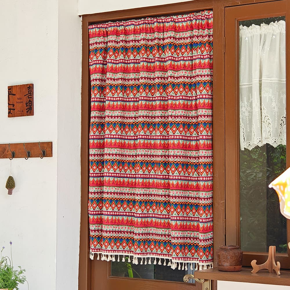 Ethnic Style Door Curtain No-Drilling Home Bedroom Kitchen Partition Curtain, B&B Cafe Ambiance Decorative Privacy Curtain