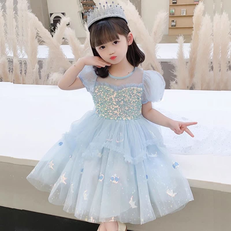 Princess Elsa Girl's Dress Summer Ice Age Children's Performance Birthday Dress Short Sleeve Princess Skirt Polyester