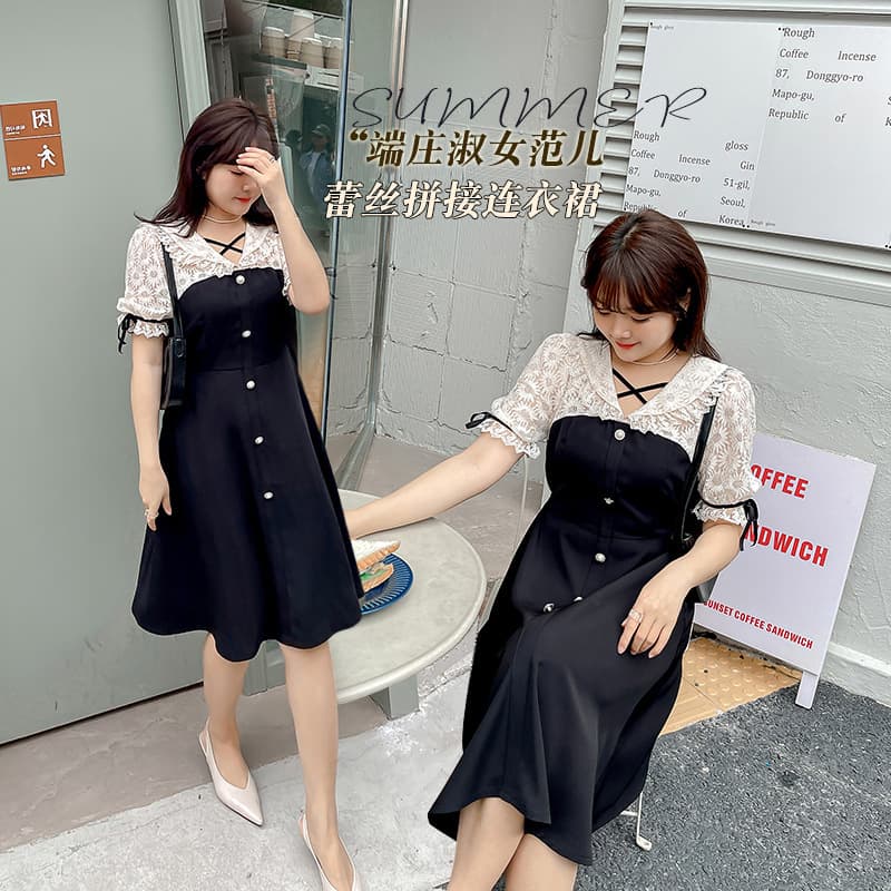 Plus Size Women's Lace Patch V-Neck Little Black Dress for Petite and Curvy Women Plus Size Dress k1374