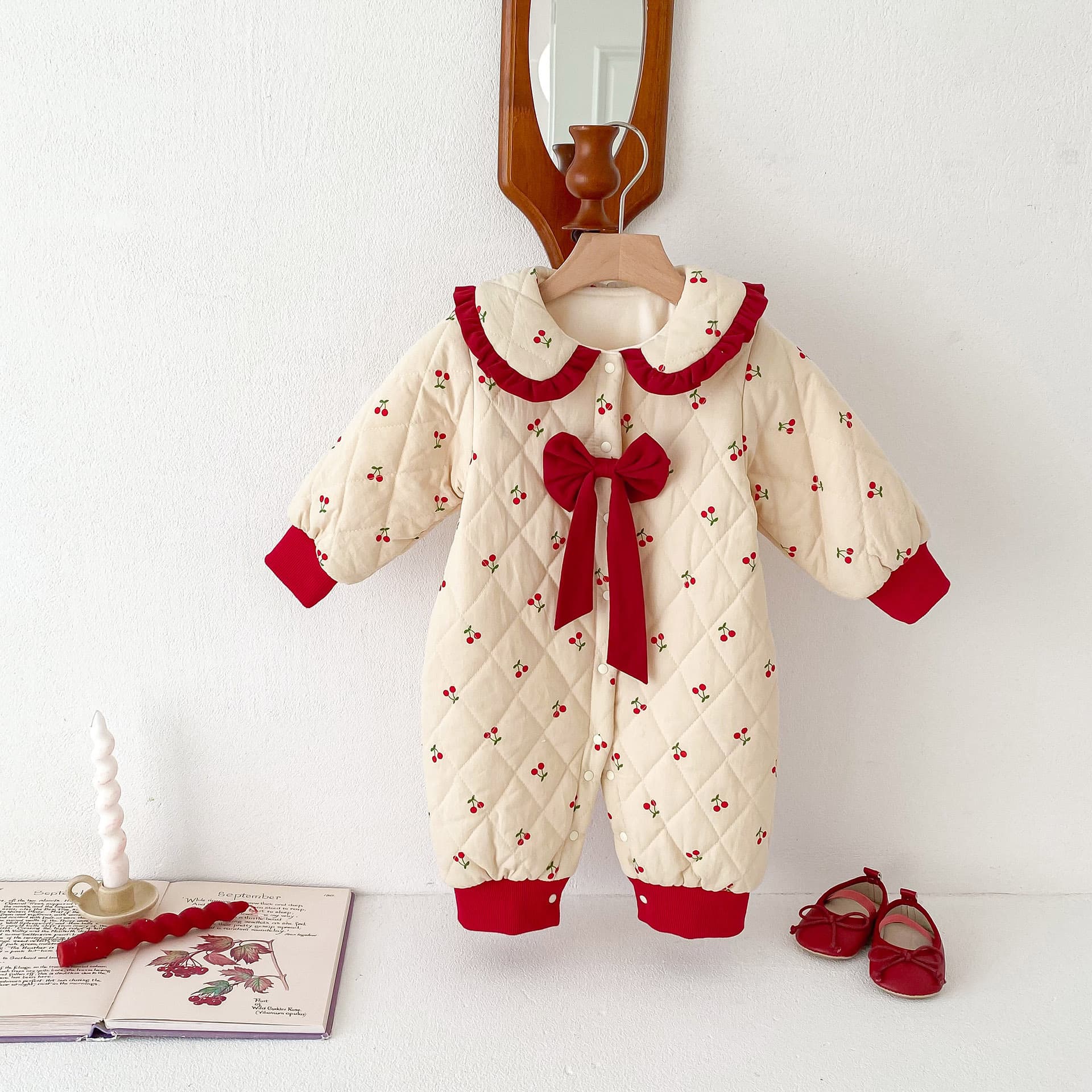 Baby Clothes Winter Padded Fleece Bodysuit for Girls Sweet Thickened Romper New Year Outfit Holiday Crawling Suit