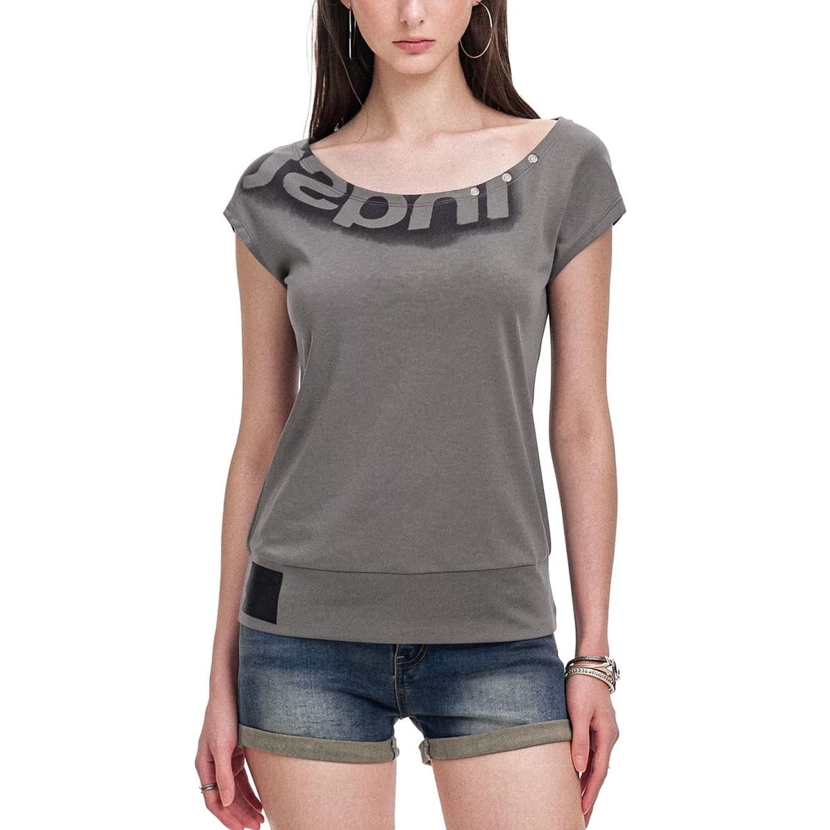 Large Round Neck Off-Shoulder Two-Way Short Sleeve T-Shirt Women Slim Fit Korean Style Hot Girl Top Summer Chaoyue Same Style