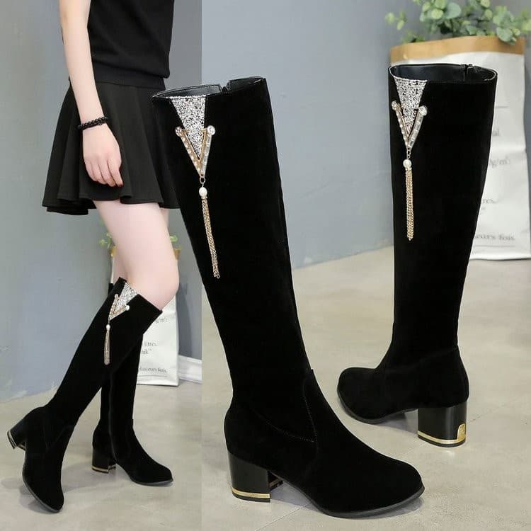 Autumn/Winter New Style Long Boots Thick Heel High Heel Frosted Leather Women's Boots Side Zipper Warm Tube Slimming Women