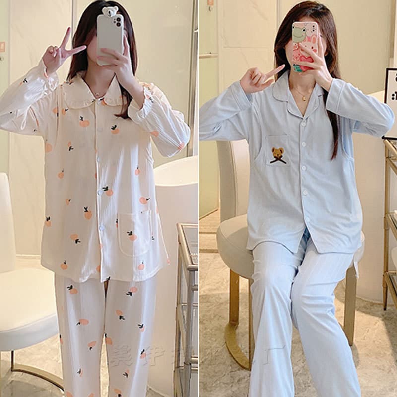New Trendy Maternity Sleepwear Long-Sleeve Front-Open Nursing Pajamas Spring Summer Thin Postpartum Breastfeeding Set