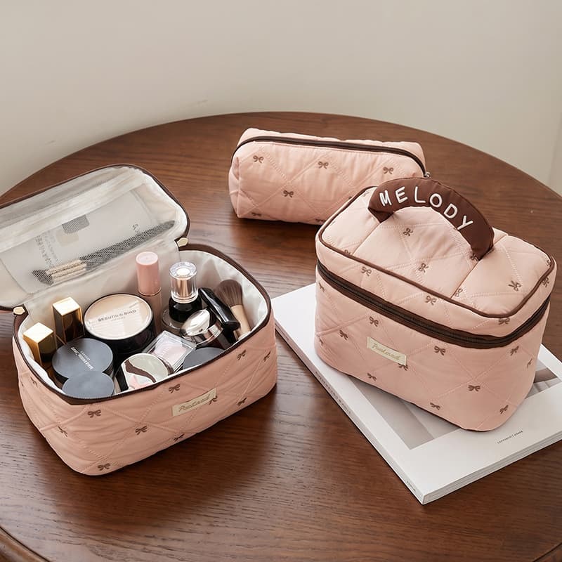 Japanese sweet bow print cosmetic bag pink brown contrast quilted storage bag niche design handbag