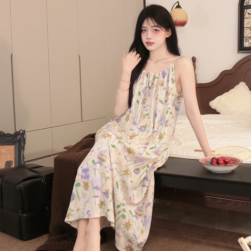 Cotton Silk Suspender Nightgown for Women, Summer Thin Style, Cartoon Small Floral Pattern, Long Over-The-Knee Length, Suitable for Pregnant Women, Can Be Worn Outside, Plus Size Loungewear