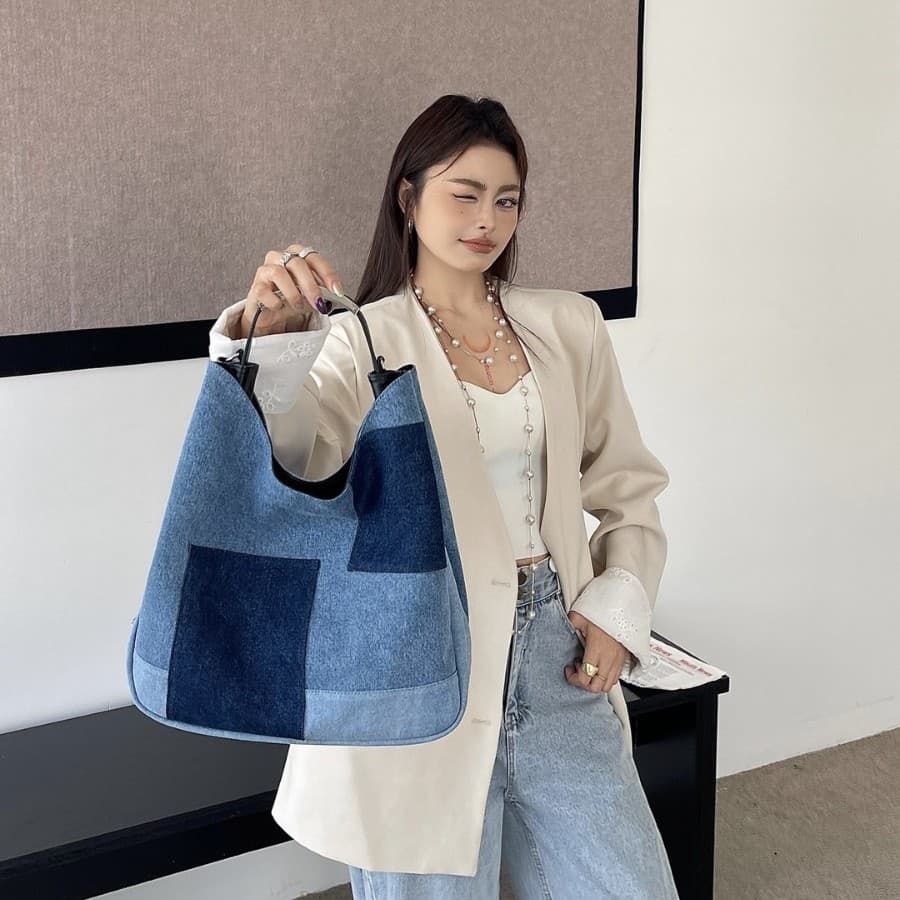 Cross-border New Large Capacity Denim Underarm Bag Patchwork Contrast Color Tote Bag Korean Style Genuine Leather High-end Shoulder Bag
