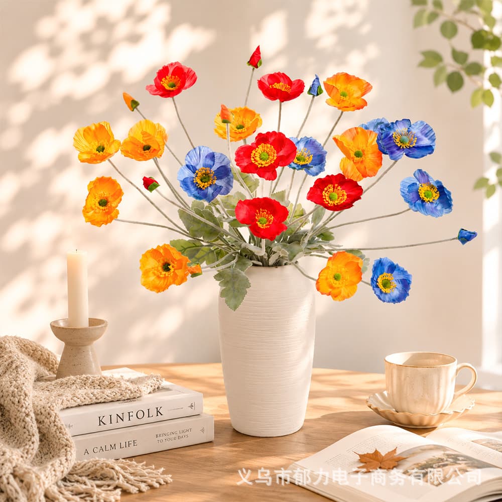 Simulated poppies flocked poppy bouquet wedding arrangement home decoration ornaments artificial flowers silk flowers fake flowers